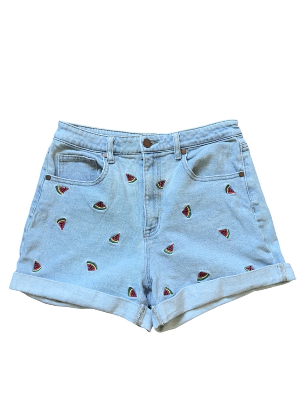 Tinsel Watermelon Embroidered High Rise Cuffed Denim Mom Shorts Size 28